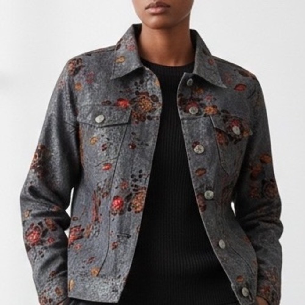 Keren Hart Gray Floral Damask Denim Trucker Jacket Metallic small whimsigoth